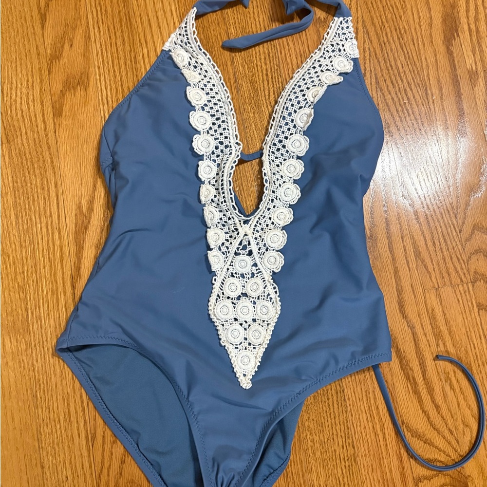 Mossimo Supply Co Blue and White Crochet Trim One Piece